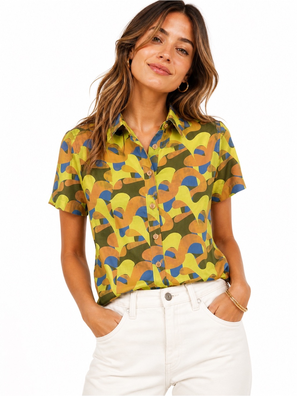 NWT Wildfang Pop Art Abstract Print Essential Short Sleeve Button Up Shirt Sz S